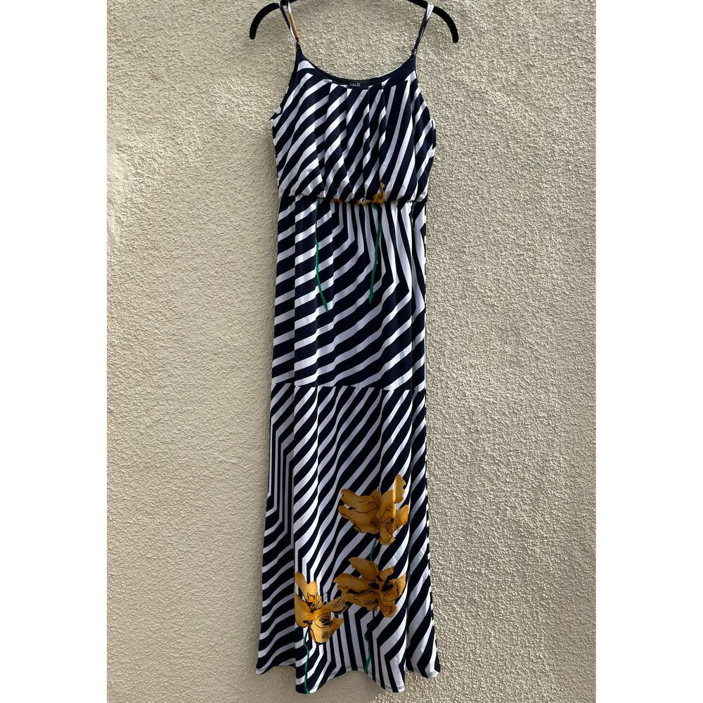 Naif Stripe Floral Print Maxi Dress S Navy Blue White Yellow